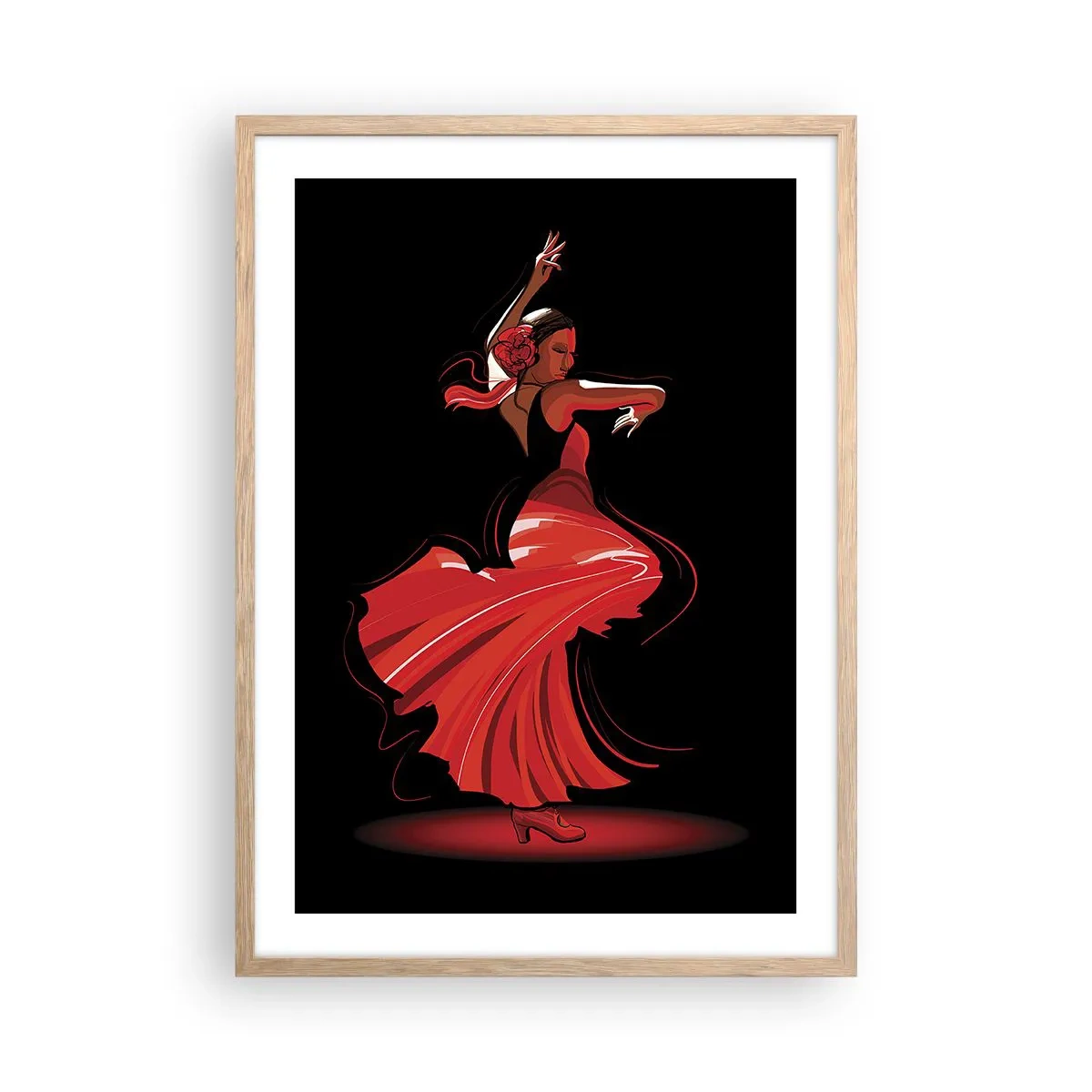 Plakat i ramme af lyst egetræ - Flamencoens brændende ånd - 50x70 cm