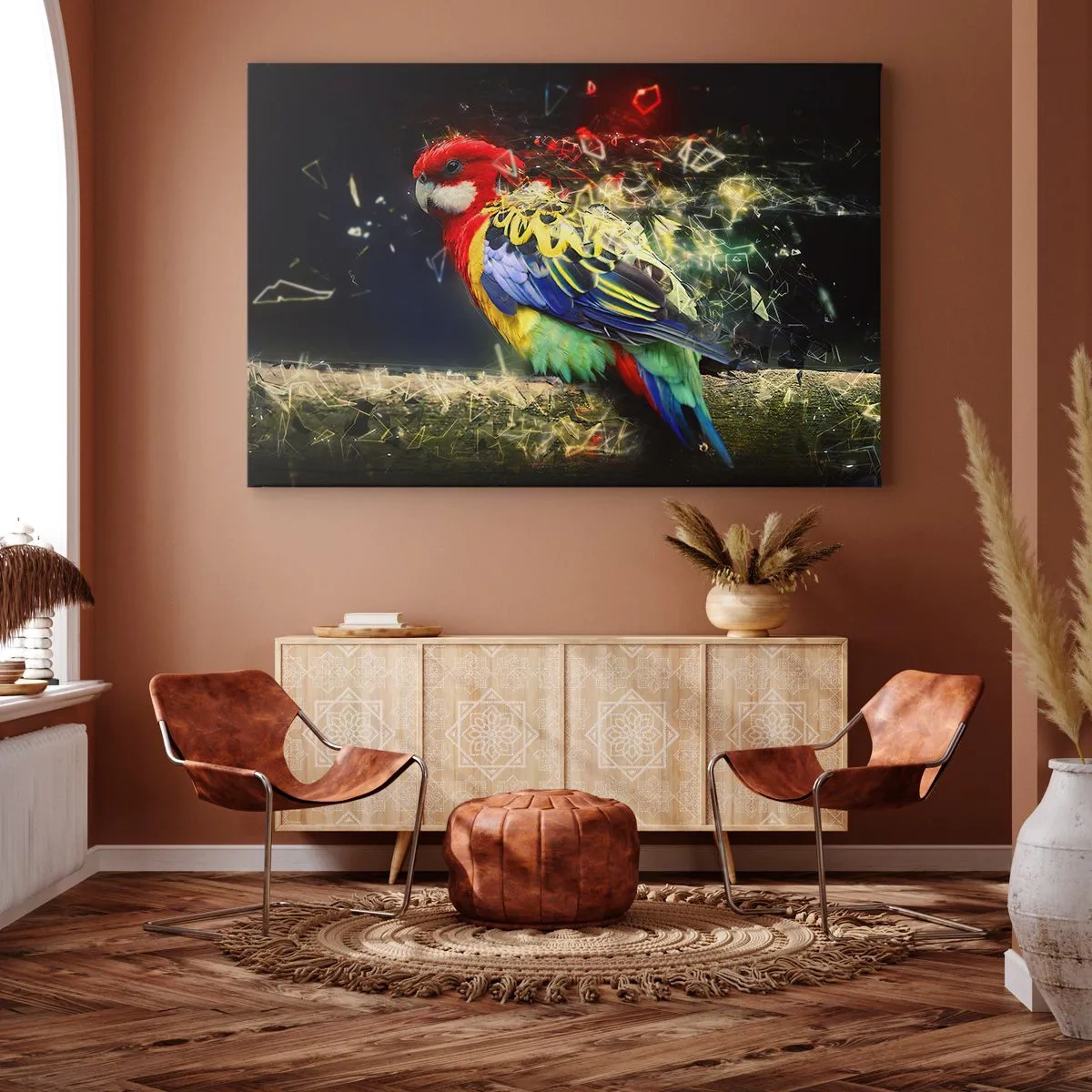 Lærredstryk - Billede på lærred - En papegøje i levende farver mod en baggrund af lyseffekter - 70x50cm - Budbringeren af udstråling - Moderne vægdekoration til stue og soveværelse ARTTOR