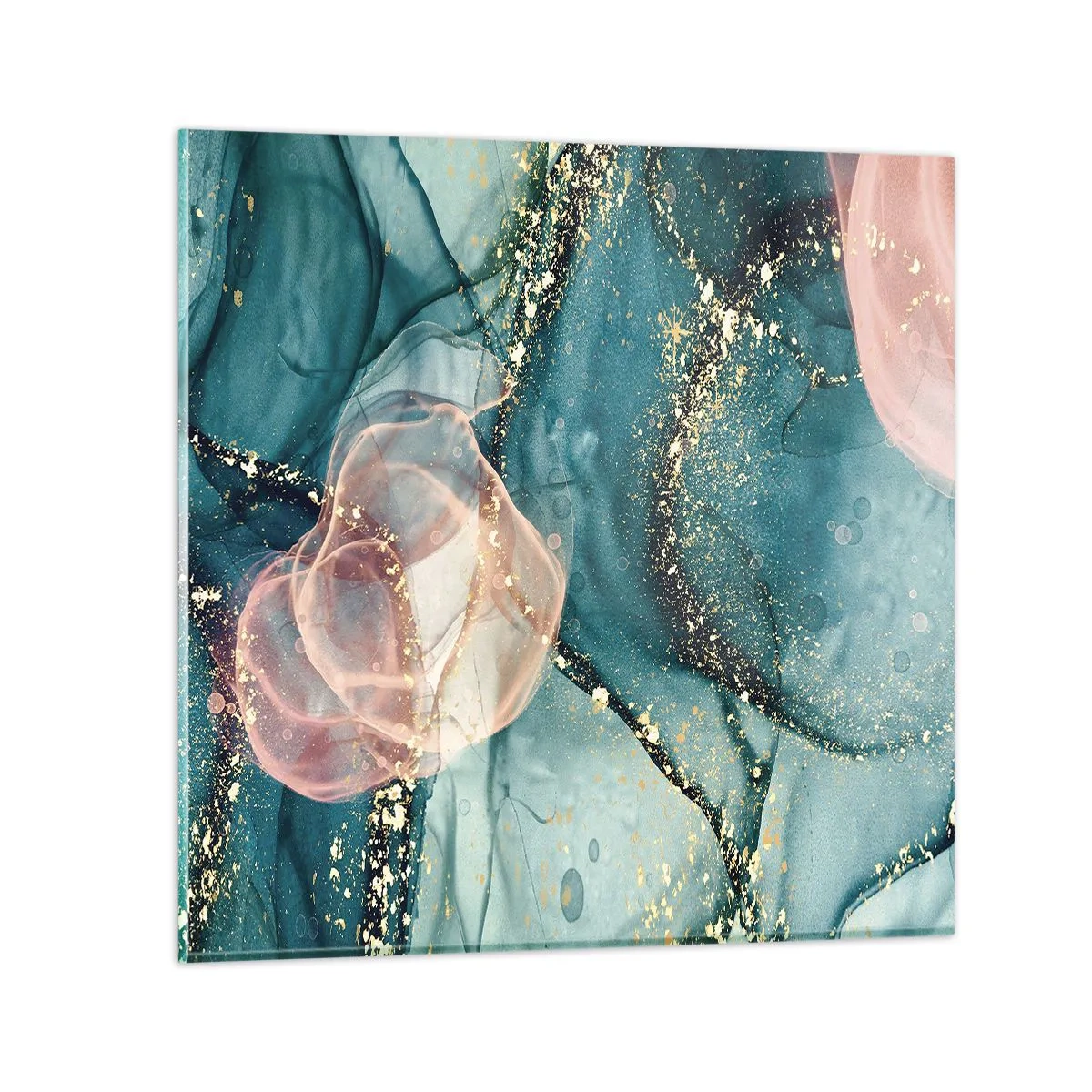 Billede på glas - Silkeblå, tyl lyserød - 70x70 cm