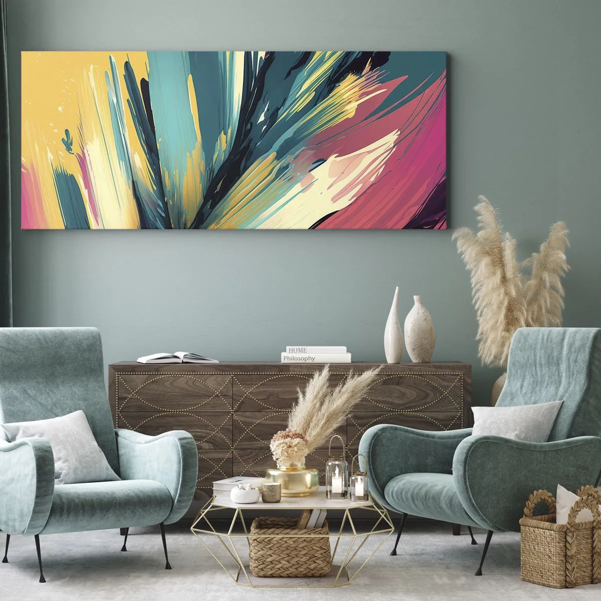 Lærredstryk - Billede på lærred - Komposition - en eksplosion af glæde - 100x40 cm