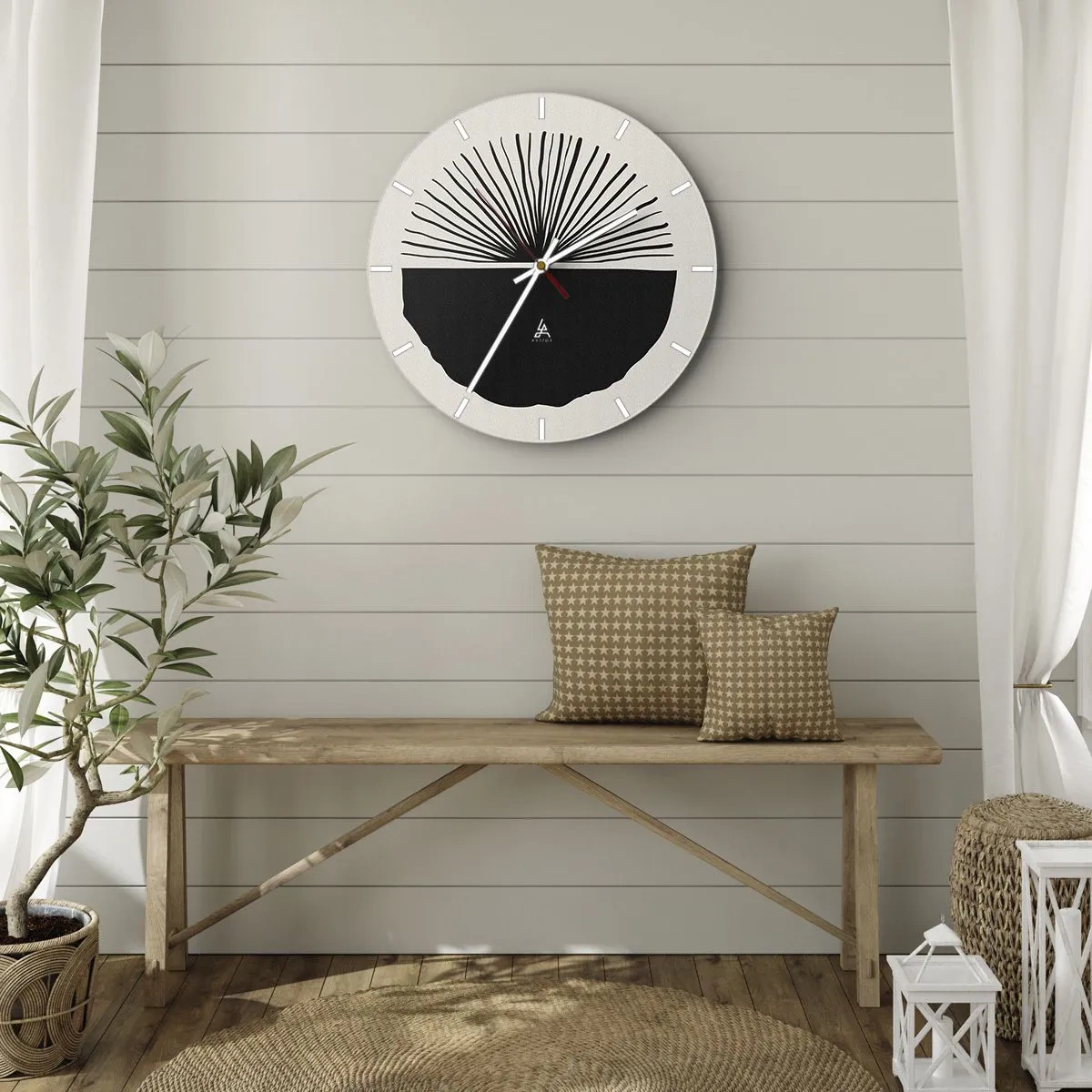 Vægur, Uret - Et sort viftemotiv på en lys baggrund i minimalistisk stil - 30x30cm - En vifte af muligheder - Moderne vægdekoration til stue, køkken og soveværelse ARTTOR