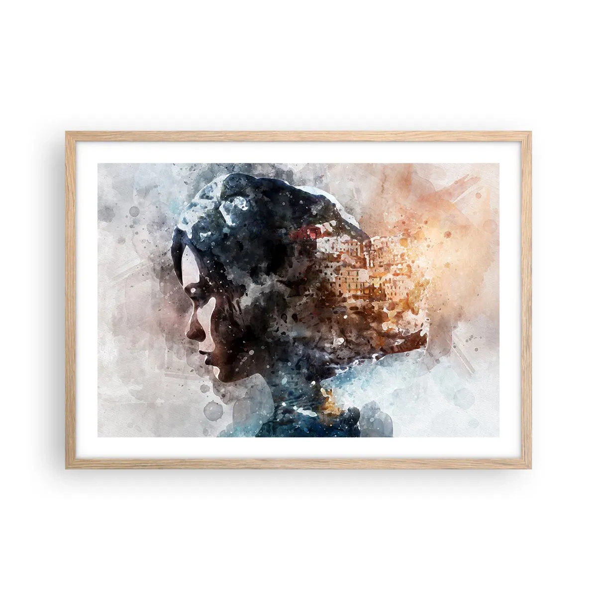 Plakat i ramme af lyst egetræ - Historien om en pige med en by i baggrunden - 70x50 cm