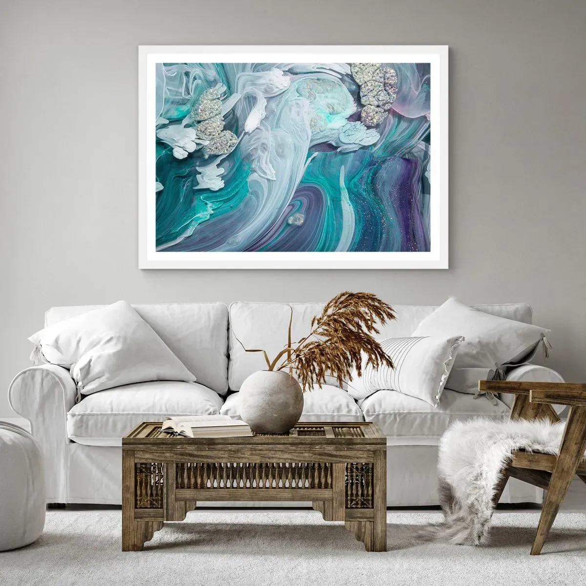 Plakat i hvid ramme - Strømme af blå - 91x61 cm