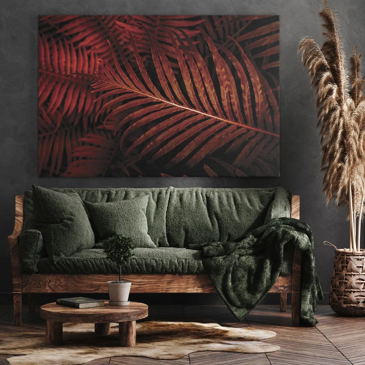 Lærredstryk - Billede på lærred - Nærbillede af røde tropiske blade - 70x50cm - Livets varme - Moderne vægdekoration til stue og soveværelse ARTTOR