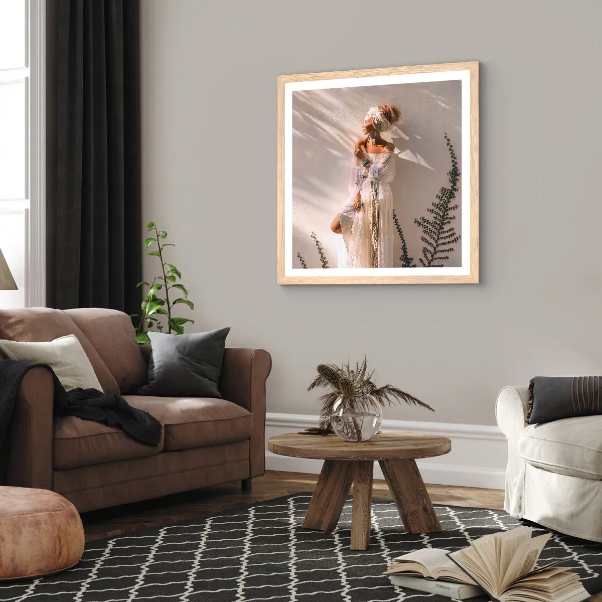 Plakat i ramme af lyst egetræ - Solen og pigen - 30x30 cm
