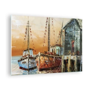 Billede på glas - Farverige både ved marinaen - 70x50cm - Fredelig tilbagevenden - Moderne vægdekoration til stue og soveværelse ARTTOR