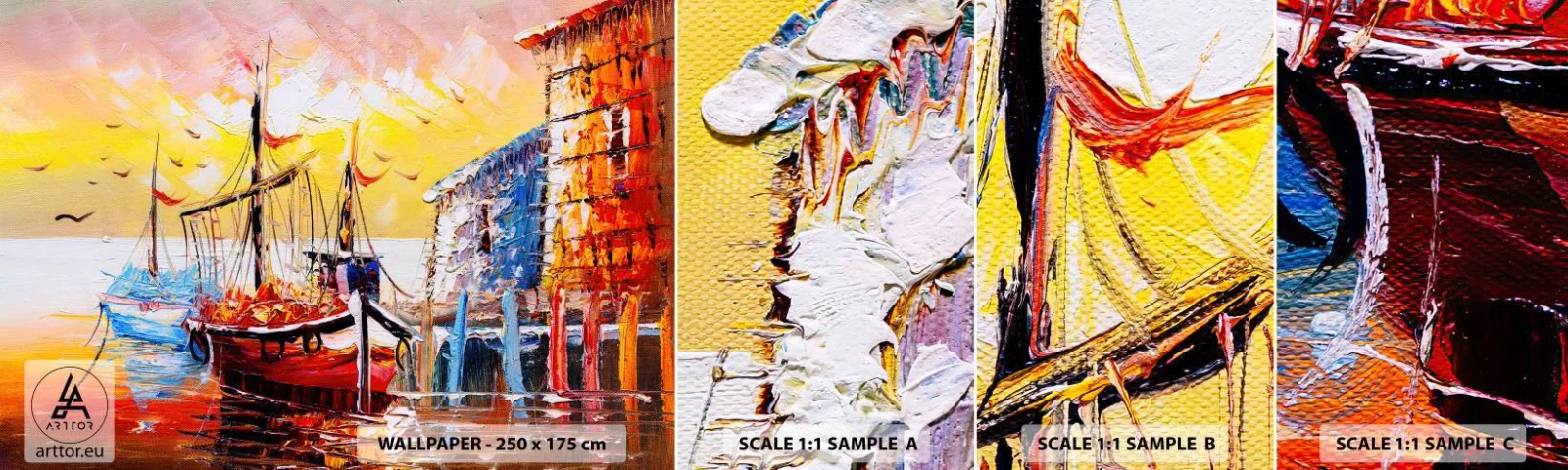 Fototapet Prøve Standard Eco - Glædelig tilbagevenden - Landskab, Fiskerhavn, Både - 100x30 cm