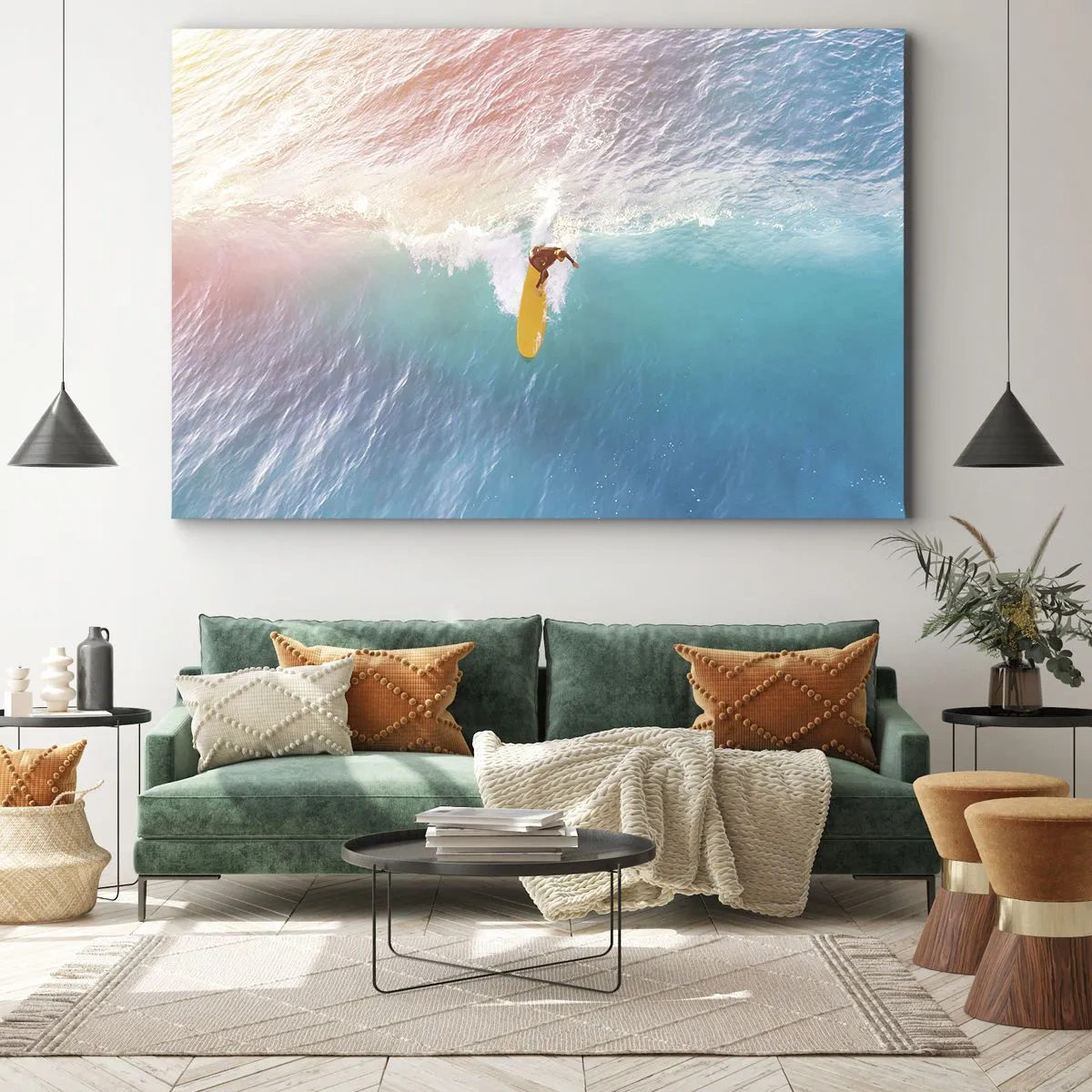 Lærredstryk - Billede på lærred - Surfer på en bølge i pastelfarver - 70x50cm - Ocean rytter - Moderne vægdekoration til stue og soveværelse ARTTOR