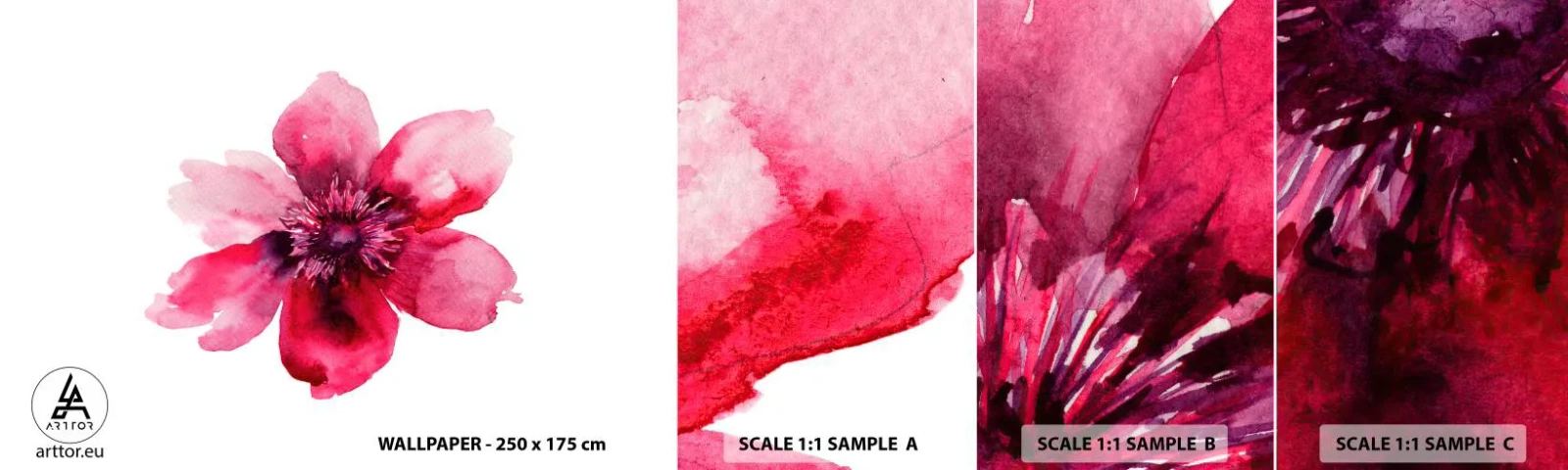 Fototapet Prøve Standard Eco - Karminduftende kys - Blomst, Akvareller, Grafik - 100x30 cm