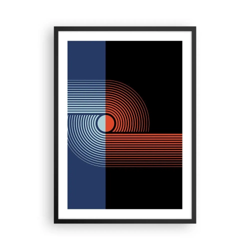 Plakat i sort ramme - Geometrisk komposition med linjer i marineblå og orange. - 50x70cm - I en geometrisk omfavnelse - Moderne vægdekoration til stue og soveværelse ARTTOR