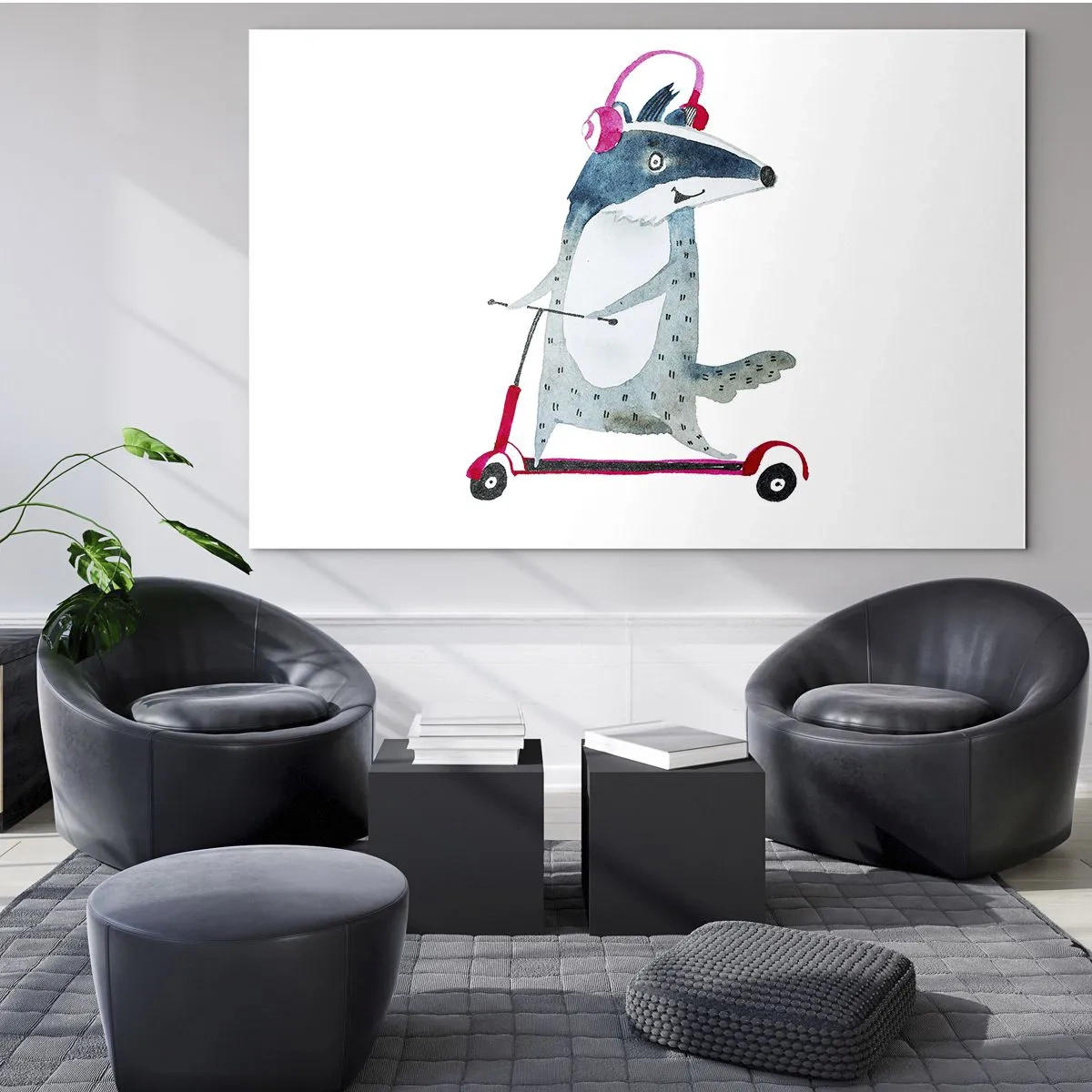 Billede på glas - Grævling med hovedtelefoner på en akvarel-scooter - 70x50cm - Grævlingens glæder - Moderne vægdekoration til stue og soveværelse ARTTOR
