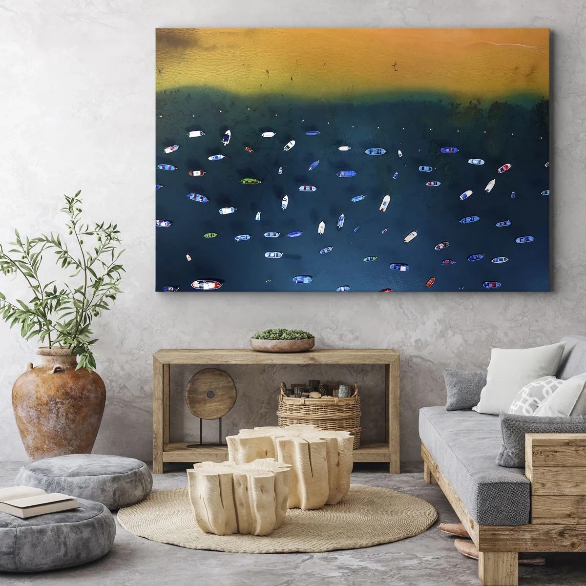Lærredstryk - Billede på lærred - Luftfoto af både på vandet og en sandstrand - 70x50cm - En ferieleg - Moderne vægdekoration til stue og soveværelse ARTTOR