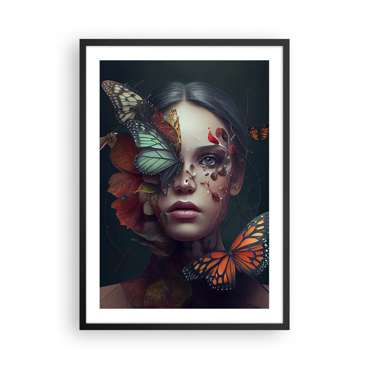 Plakat i sort ramme - Portræt af en kvinde med sommerfugle og blade - 50x70cm - En vidunderlig metamorfose - Moderne vægdekoration til stue og soveværelse ARTTOR