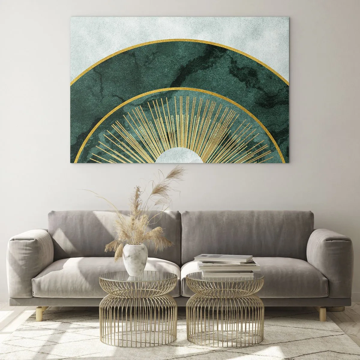 Billede på glas - Gyldne stråler mod en baggrund af grønne halvcirkler med en marmorstruktur - 70x50cm - Et anderledes solsystem - Moderne vægdekoration til stue og soveværelse ARTTOR