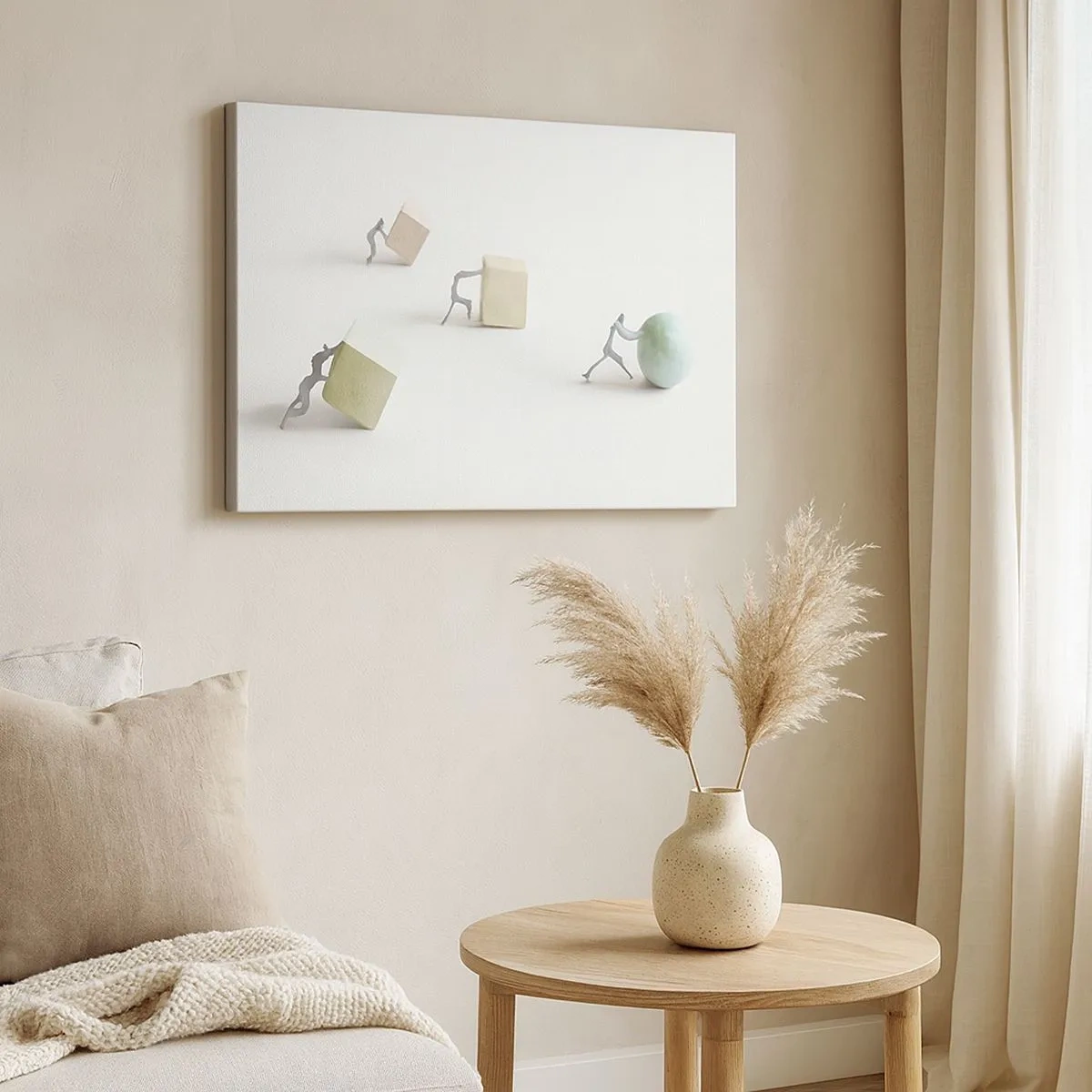 Lærredstryk - Billede på lærred - Miniaturefigurer skubber former mod en lys baggrund - 70x50cm - Selve livet - Moderne vægdekoration til stue og soveværelse ARTTOR