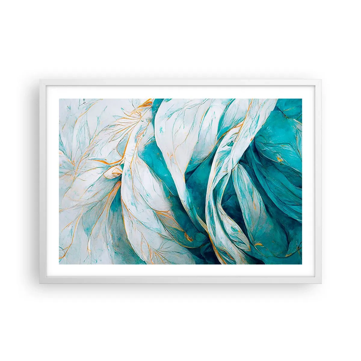 Plakat i hvid ramme - Blå abstraktion med et guldmotiv - 70x50 cm