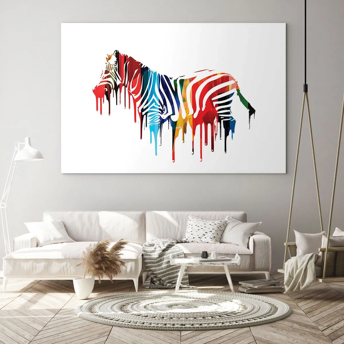 Billede på glas - En farverig zebra i en abstrakt form med en dryppende malingeffekt. - 70x50cm - Ikke kun sort og hvidt - Moderne vægdekoration til stue og soveværelse ARTTOR