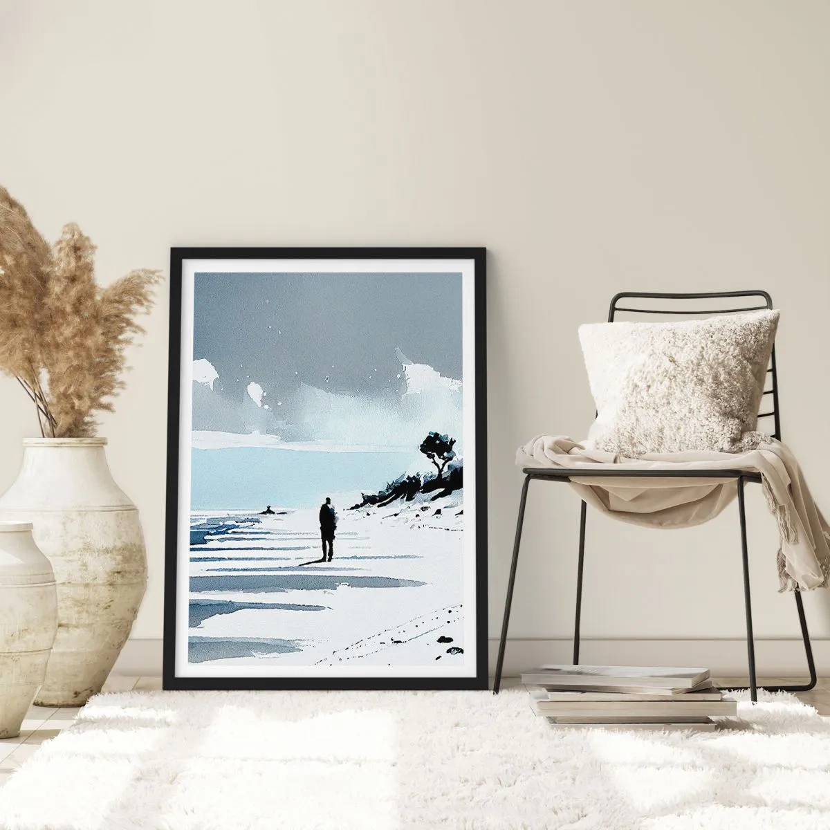 Plakat i sort ramme - En ensom figur på stranden i akvarelfarver - 50x70cm - Alene - Moderne vægdekoration til stue og soveværelse ARTTOR