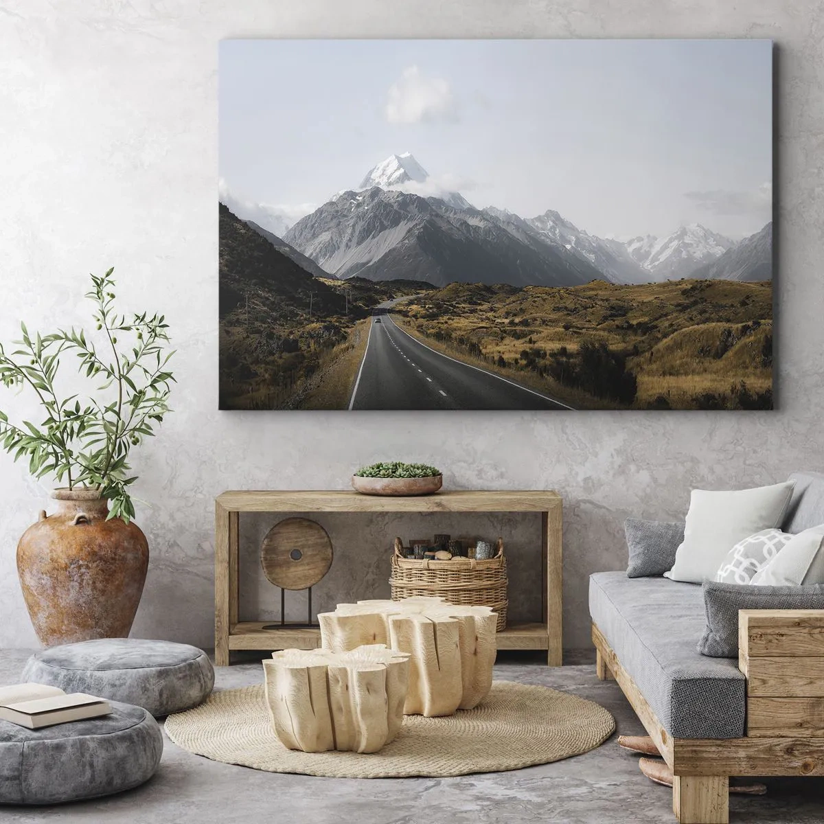 Lærredstryk - Billede på lærred - En vej i bjergene omgivet af et malerisk landskab - 70x50cm - Vejen til hjerte - Moderne vægdekoration til stue og soveværelse ARTTOR