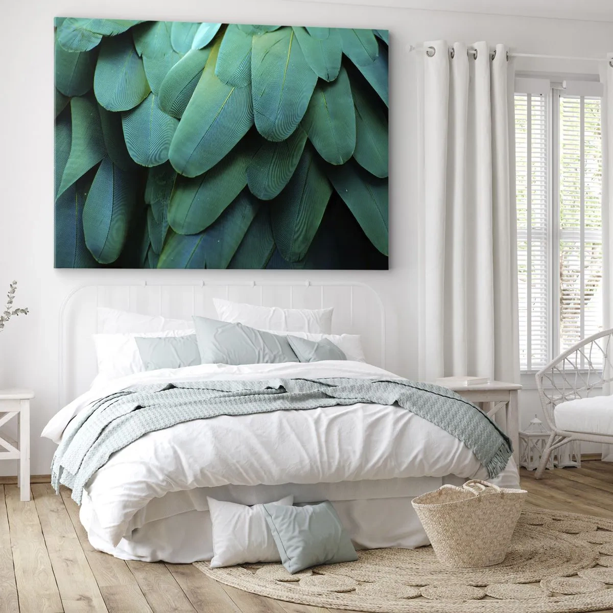 Lærredstryk - Billede på lærred - Fjerdetaljer i grønne nuancer - 70x50cm - Papegøjenaturens præcision - Moderne vægdekoration til stue og soveværelse ARTTOR