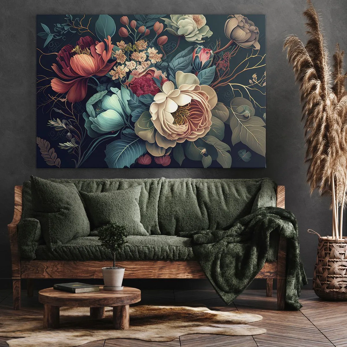 Lærredstryk - Billede på lærred - En farverig blomsterkomposition på en mørk baggrund - 70x50cm - Charme fra det 19. århundrede - Moderne vægdekoration til stue og soveværelse ARTTOR