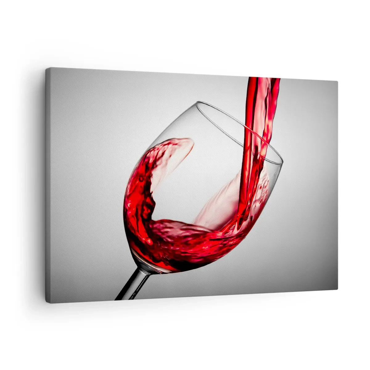 Lærredstryk - Billede på lærred - Et glas rødvin hældes op mod en lys baggrund - 70x50cm - Farve - bevægelse - lyd - Moderne vægdekoration til stue og soveværelse ARTTOR