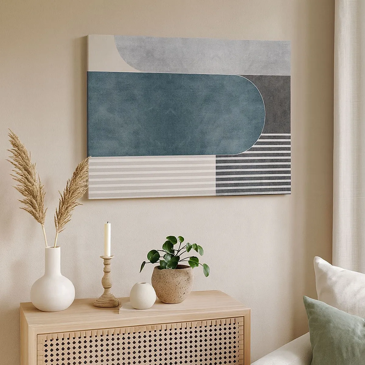 Lærredstryk - Billede på lærred - Geometrisk abstraktion i nuancer af grå og grøn - 70x50cm - Horisontal komposition - Moderne vægdekoration til stue og soveværelse ARTTOR