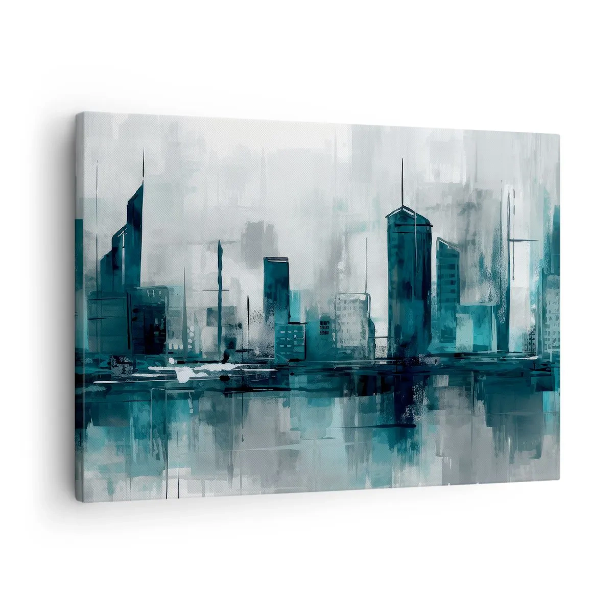 Lærredstryk - Billede på lærred - En moderne by i nuancer af turkis og grå - 70x50cm - Regnfarvet by - Moderne vægdekoration til stue og soveværelse ARTTOR