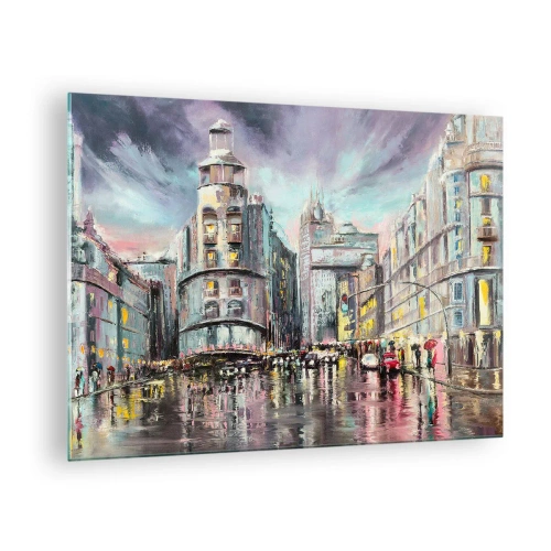 Billede på glas - En bygade i regnvejr med en spektakulær refleksion af lysene - 70x50cm - Det vil blive en vellykket aften - Moderne vægdekoration til stue og soveværelse ARTTOR