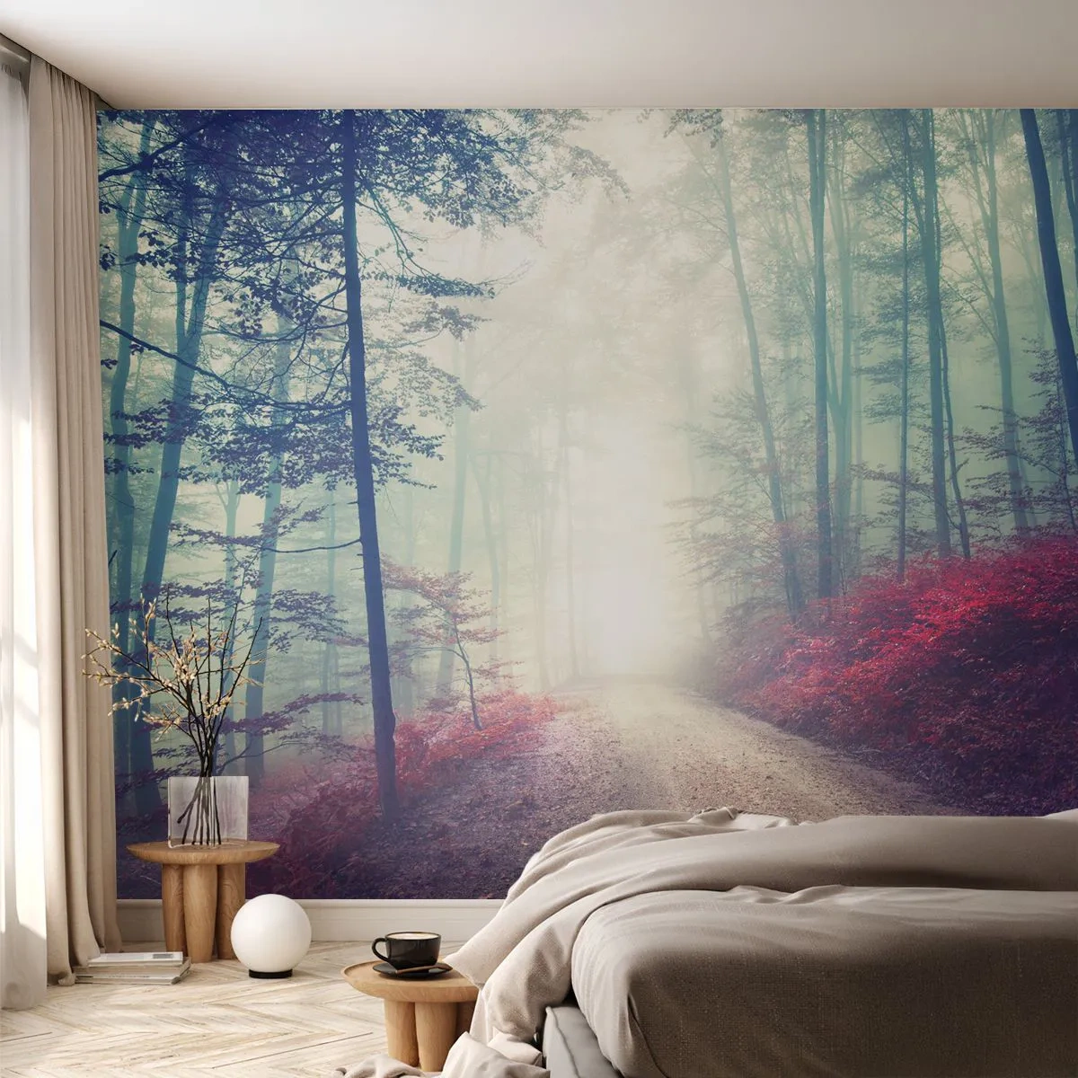 Fototapet Selvklæbende Deluxe Sticker - Hvor er det godt at stå op ved daggry - Landskab, Skov, Skovvej - 400x280 cm