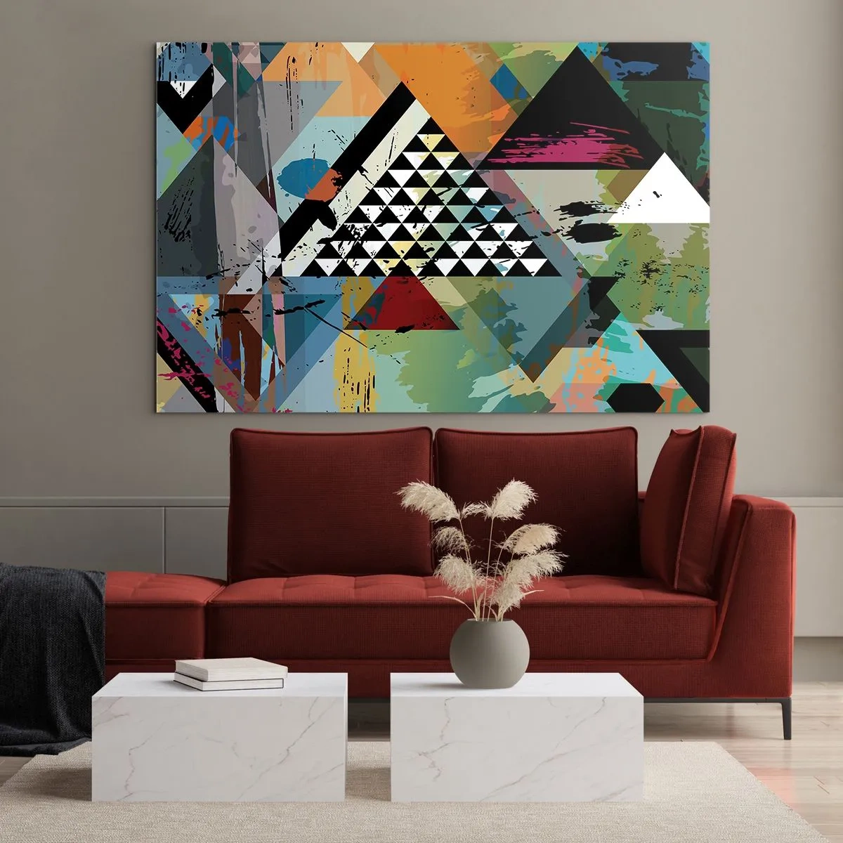 Billede på glas - Abstrakt komposition af geometriske former og farver - 70x50cm - Hvor enkelt - Moderne vægdekoration til stue og soveværelse ARTTOR