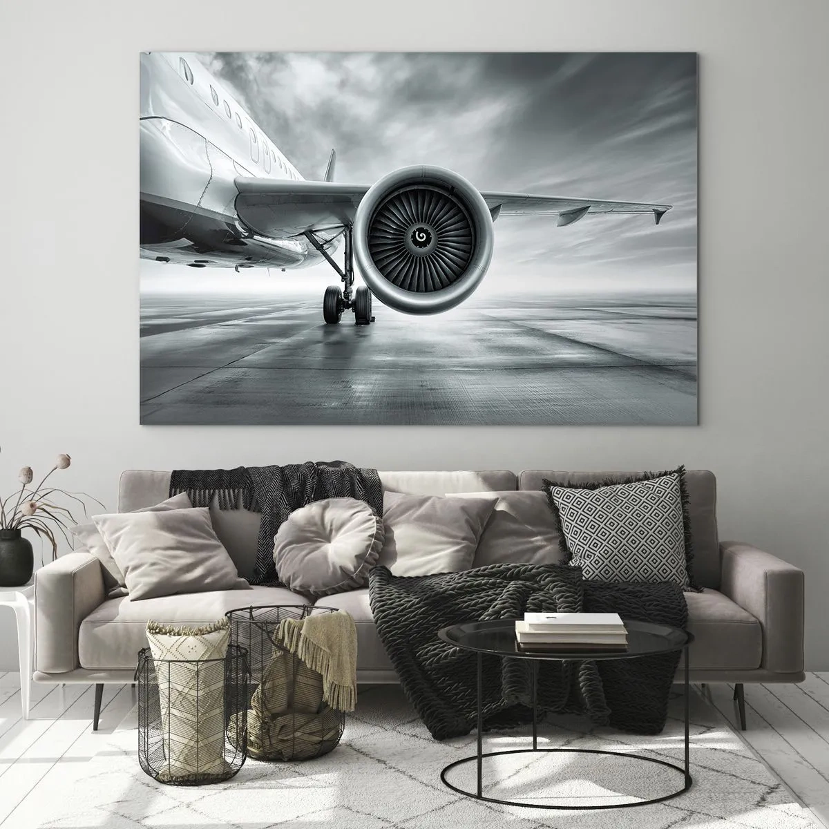 Billede på glas - En passagerflys turbine på landingsbanen ved daggry - 70x50cm - Der er kraft! - Moderne vægdekoration til stue og soveværelse ARTTOR