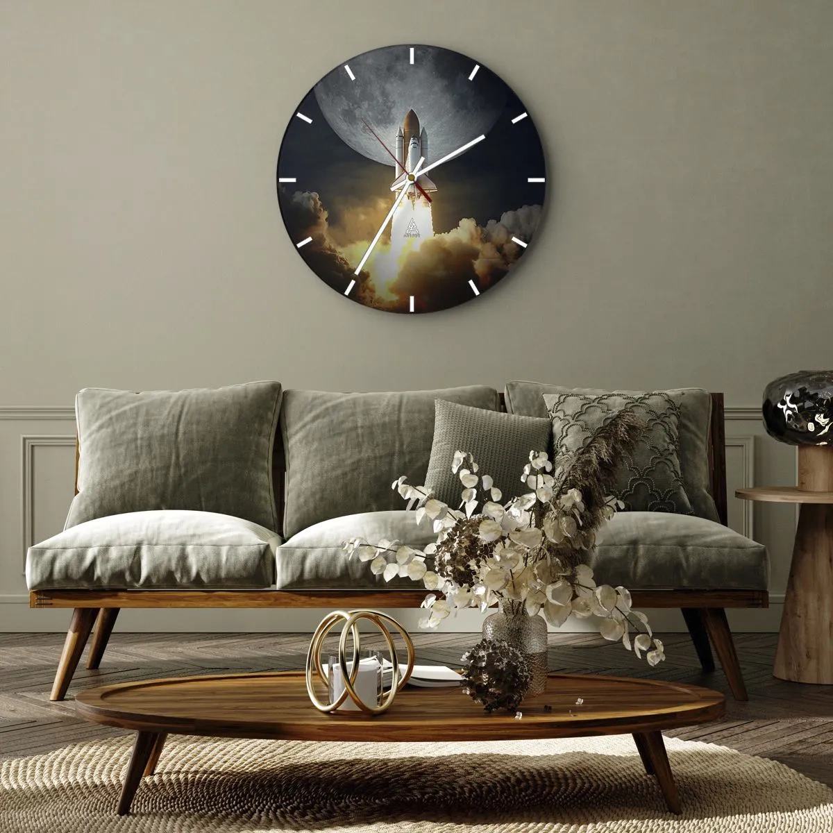 Vægur, Uret - En raket letter mod månens baggrund på nattehimlen - 30x30cm - Begyndelsen på et overjordisk eventyr - Moderne vægdekoration til stue, køkken og soveværelse ARTTOR