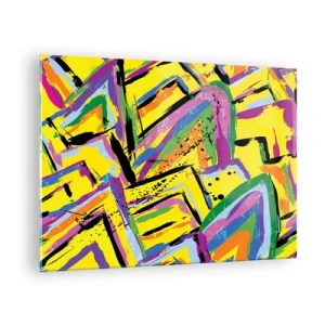 Billede på glas - Intens abstraktion i klare farver på en gul baggrund - 70x50cm - Han råber af glæde - Moderne vægdekoration til stue og soveværelse ARTTOR