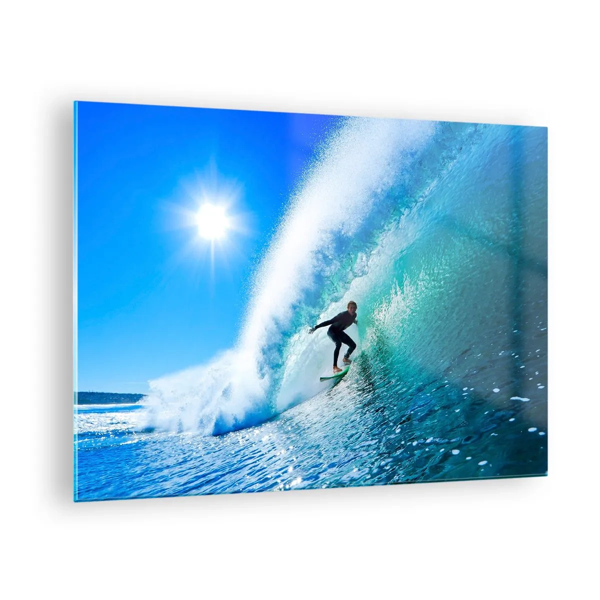Billede på glas - Surfer på en bølge på en solskinsdag - 70x50cm - Gennem den store blå - Moderne vægdekoration til stue og soveværelse ARTTOR