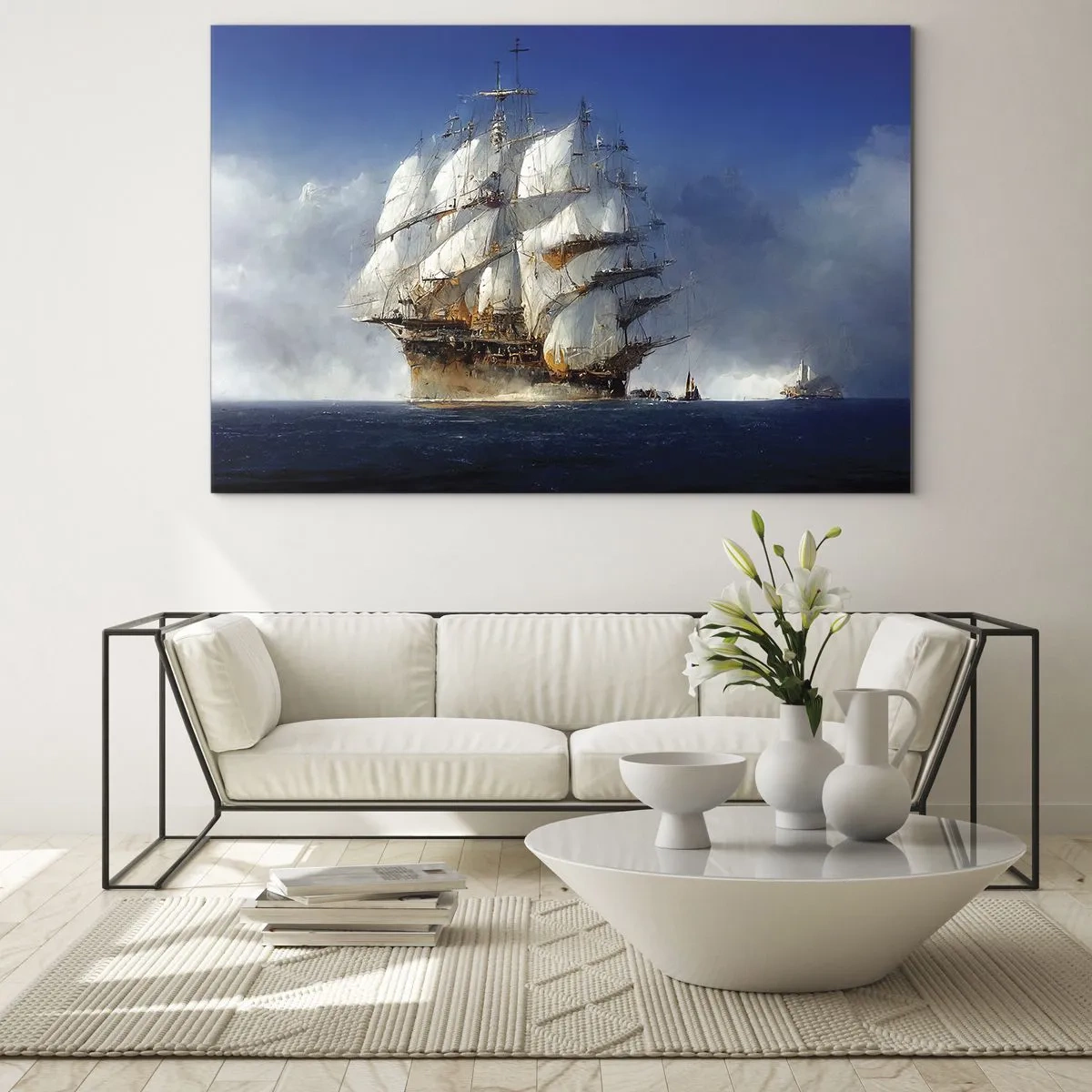Billede på glas - Et sejlskib på åbent hav midt i havtåge - 70x50cm - Den store herlighed! - Moderne vægdekoration til stue og soveværelse ARTTOR