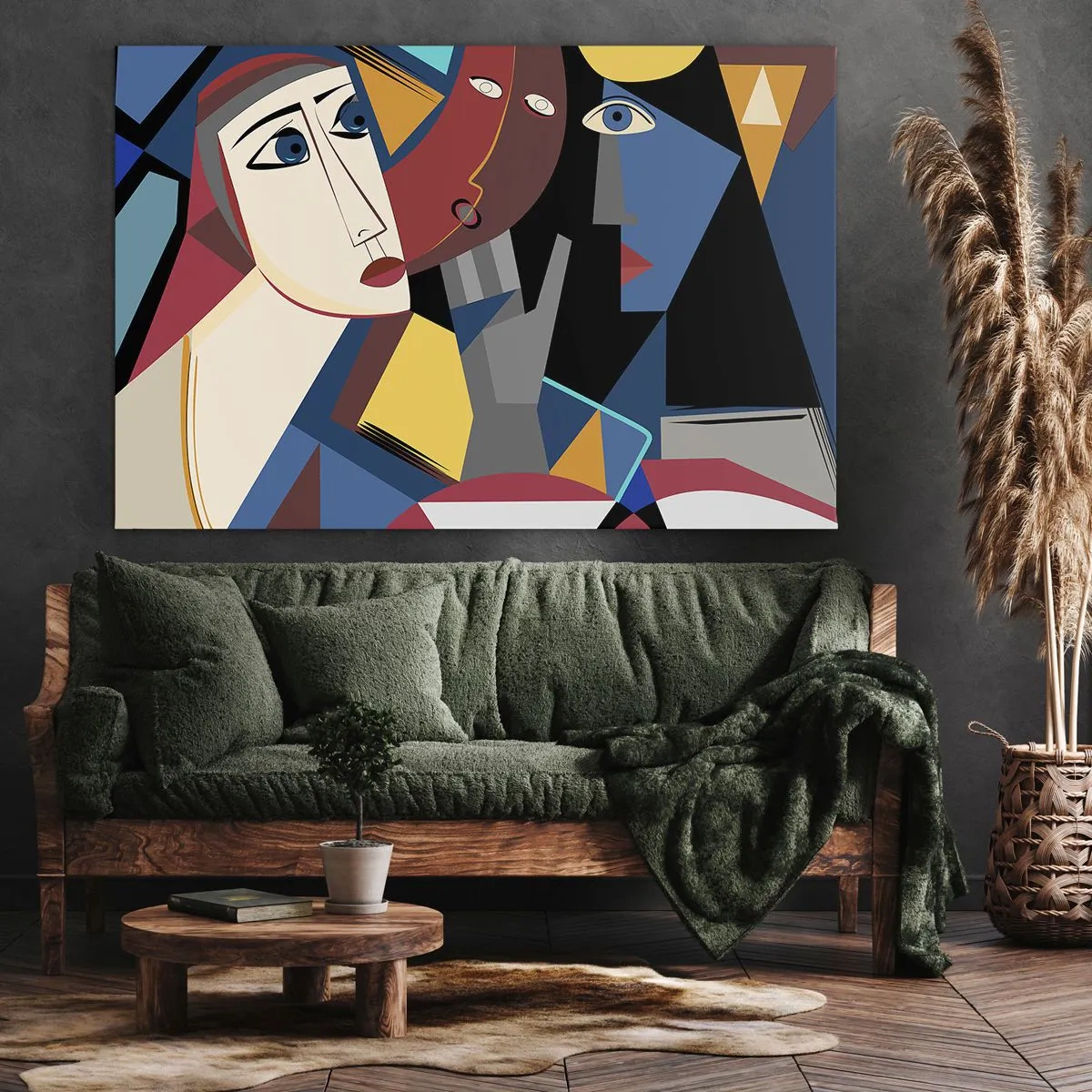 Lærredstryk - Billede på lærred - Kubistiske ansigter i intense farver - 70x50cm - Kubistisk samtale - Moderne vægdekoration til stue og soveværelse ARTTOR