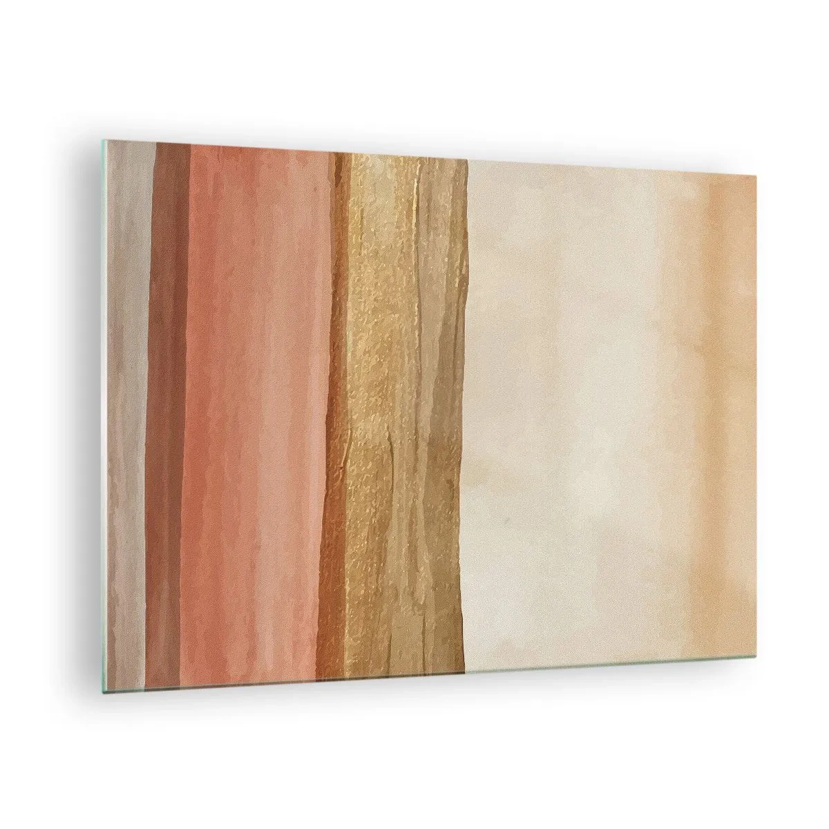 Billede på glas - Abstrakte striber i varme nuancer af beige og guld - 70x50cm - Lodret sammensætning - Moderne vægdekoration til stue og soveværelse ARTTOR