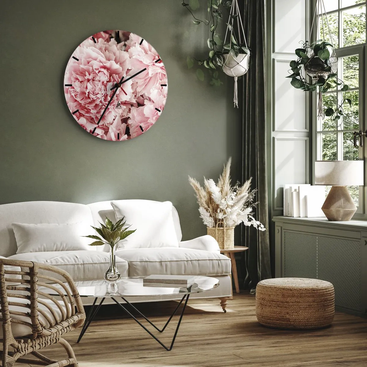 Vægur, Uret - Nærbillede af frodige lyserøde pæoner i fuldt flor - 30x30cm - Lyserød drøm - Moderne vægdekoration til stue, køkken og soveværelse ARTTOR