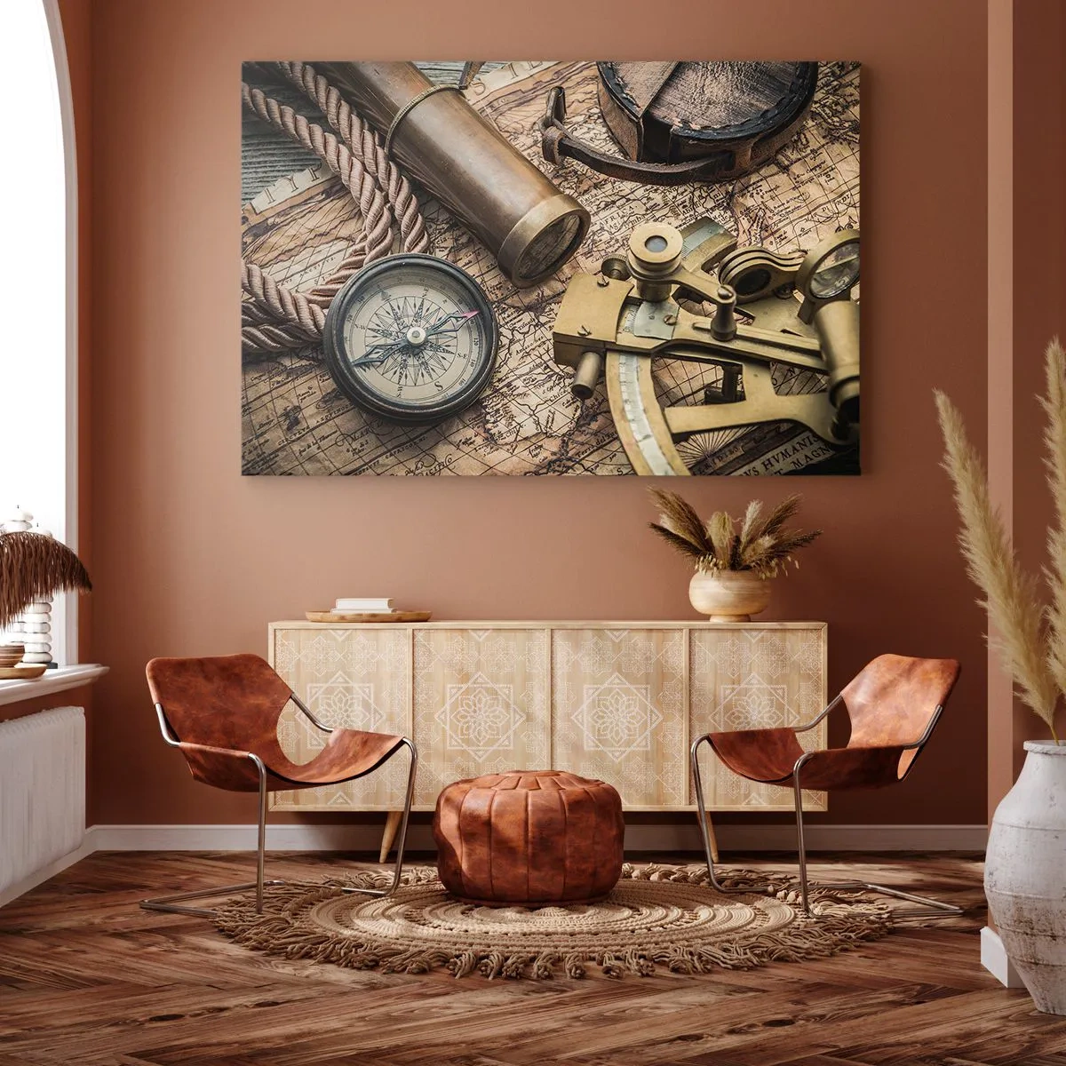 Lærredstryk - Billede på lærred - Et kompas, en sekstant og et teleskop på baggrund af et gammelt kort og et søfartsreb. - 70x50cm - Fastlægge kursen - Moderne vægdekoration til stue og soveværelse ARTTOR