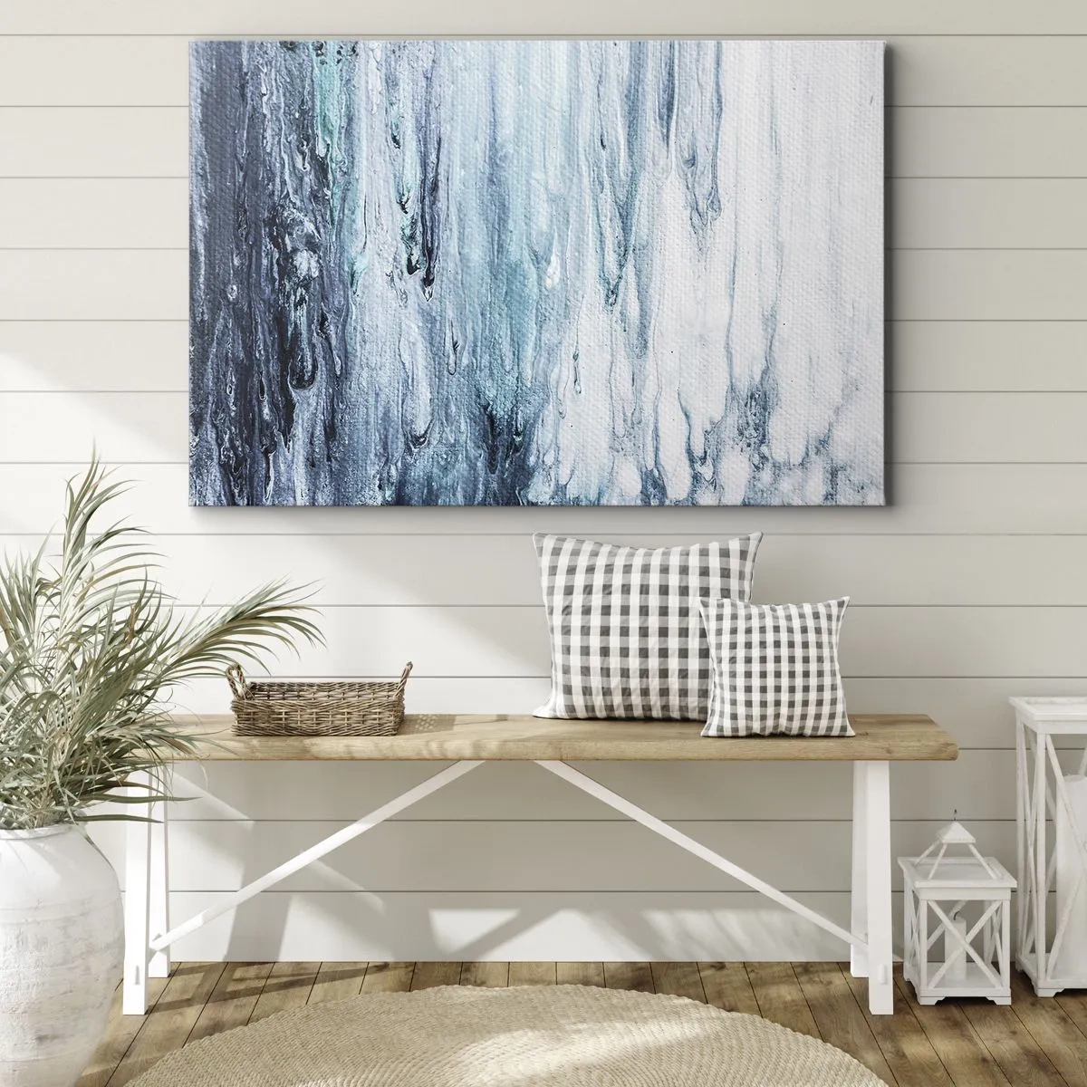 Lærredstryk - Billede på lærred - Abstrakte blå og hvide striber, der ligner istapper - 70x50cm - Blå istapper - Moderne vægdekoration til stue og soveværelse ARTTOR