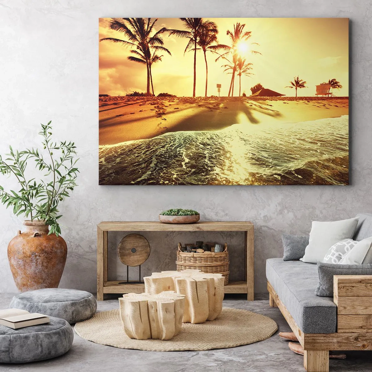 Lærredstryk - Billede på lærred - En strand med palmer oplyst af en varm solnedgang - 70x50cm - Eftermiddag i Californien - Moderne vægdekoration til stue og soveværelse ARTTOR