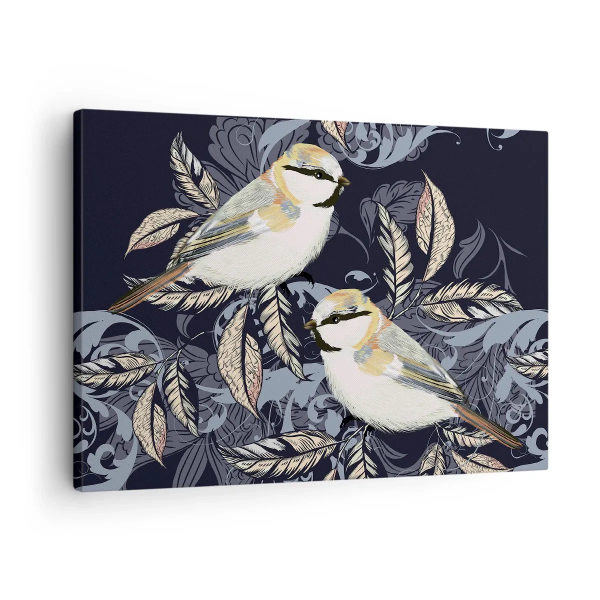 Lærredstryk - Billede på lærred - Fugle på grene i en ornamental baggrund - 70x50cm - Gul-blå espalier - Moderne vægdekoration til stue og soveværelse ARTTOR