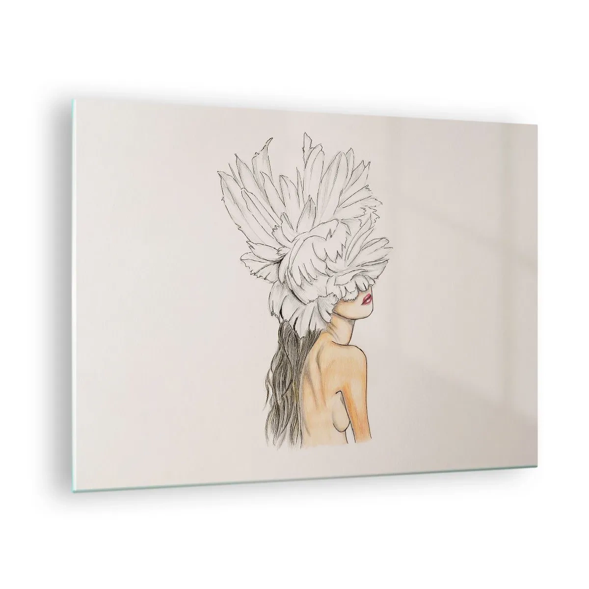 Billede på glas - En tegning af en kvinde med langt hår og en krone af store fjer - 70x50cm - Skønhed kronet - Moderne vægdekoration til stue og soveværelse ARTTOR
