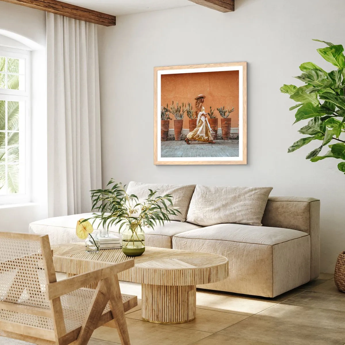 Plakat i ramme af lyst egetræ - I en hippieagtig stil - 60x60 cm