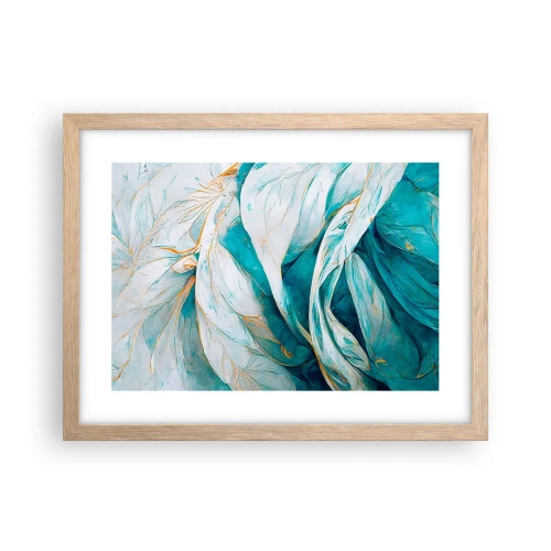 Plakat i ramme af lyst egetræ - Blå abstraktion med et guldmotiv - 40x30 cm
