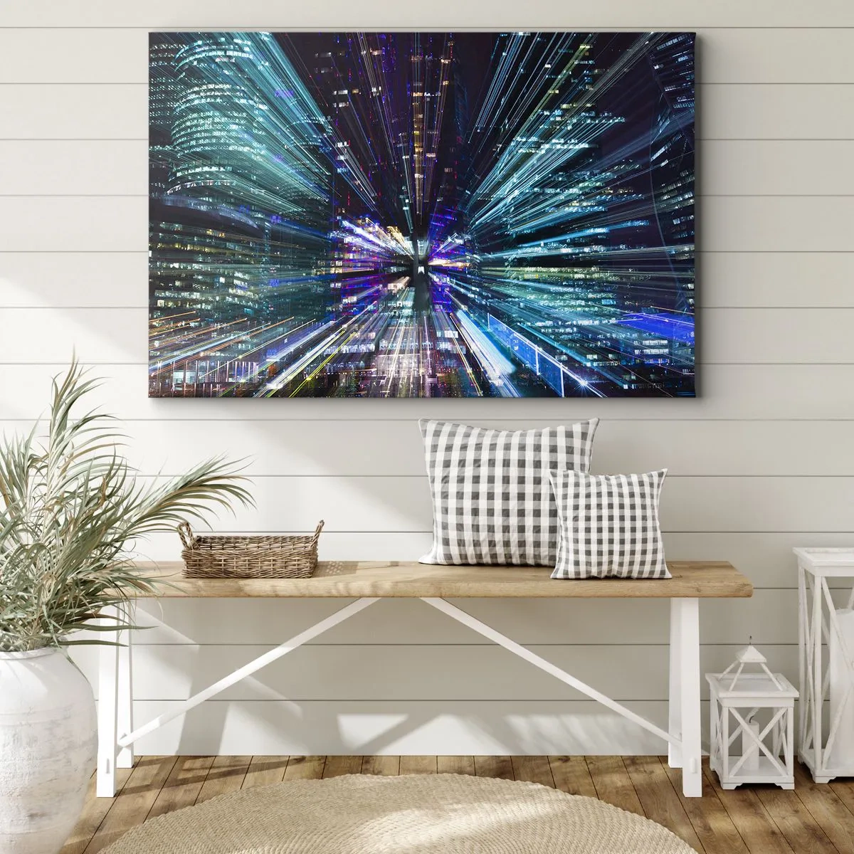Lærredstryk - Billede på lærred - Dynamisk udsigt over byen om natten med en lyseffekt - 70x50cm - Overgang til hyperrummet - Moderne vægdekoration til stue og soveværelse ARTTOR