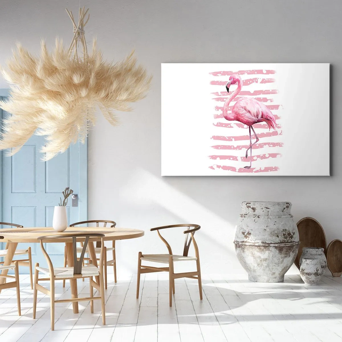 Lærredstryk - Billede på lærred - Flamingo på en lyserød baggrund i minimalistisk stil - 70x50cm - Med værdighed, om end i pink - Moderne vægdekoration til stue og soveværelse ARTTOR