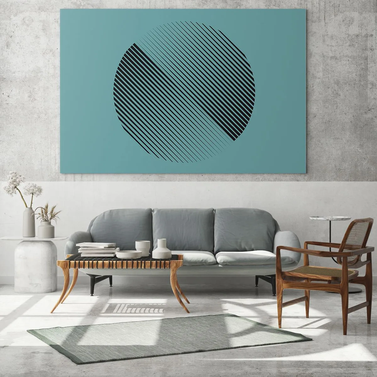Billede på glas - Sorte linjer, der danner en cirkel på en turkis baggrund - 70x50cm - Cirklen - en geometrisk variation - Moderne vægdekoration til stue og soveværelse ARTTOR