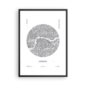 Plakat i sort ramme - Et minimalistisk sort-hvidt kort over London - 50x70cm - Londons anatomi - Moderne vægdekoration til stue og soveværelse ARTTOR